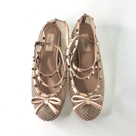 Valentino Rockstud Crystals Mesh Rose Cannelle Calfskin Ballerina Flats 40 - Picture 2 of 12
